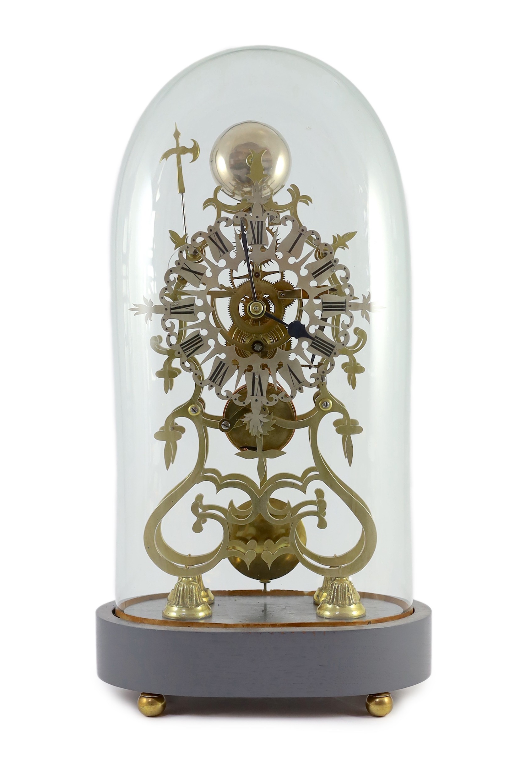 A Victorian brass skeleton timepiece, 53cm high overall, together with matching wall bracket